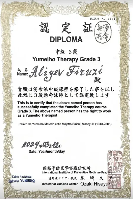 Yumeiho Therapy Grade 3 diplomu — Firuzi Əliyev